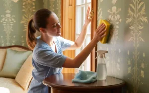 Create an image depicting a woman cleaning wallpaper in a beautifully decorated room. The scene should include: A woman using a sponge and cleaning solution on a section of patterned wallpaper. Bright, inviting colors in the room to enhance the atmosphere. Soft natural lighting that highlights the textures of the wallpaper. Cleaning tools like a spray bottle and cloth visible in the scene. The image should convey a sense of care and attention to home maintenance